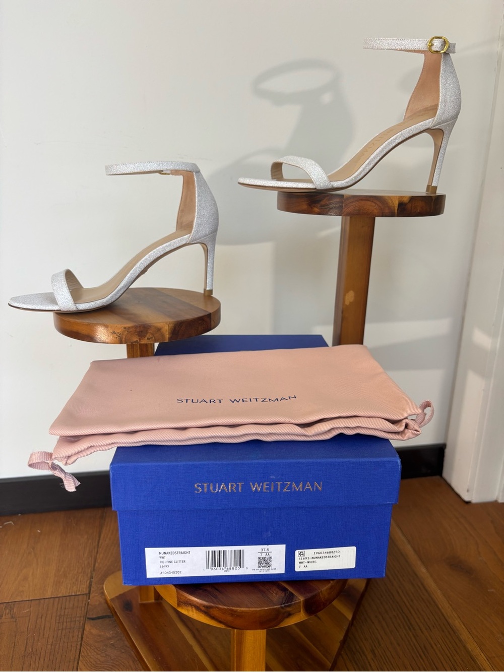 Stuart Weitzman Nunakedstraight Silver Glitter Ankle Strap Sandals Heels 7